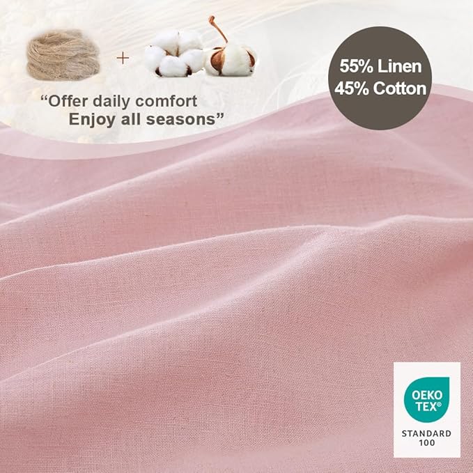 Simple&Opulence French Linen Duvet Cover Set 88" x 92"- 3 Pieces (1 Comforter Cover,2 Pillowcases)- Natural Flax Cotton Blend-Solid Color Breathable Farmhouse Bedding- Pale Pink, Queen