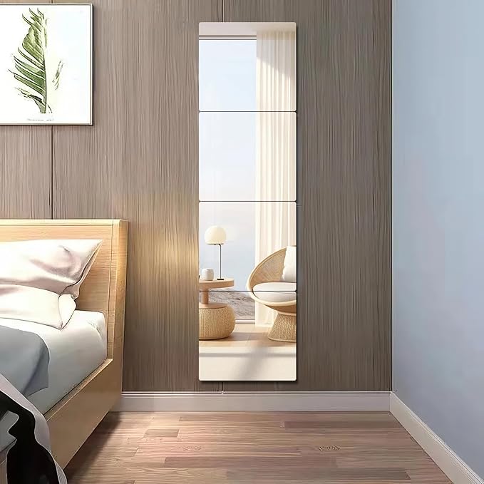 Shatterproof Acrylic Mirror Tiles, 12 Pack 12x12 Inch Self-Adhesive Full Body Wall Mirrors for Bedroom, Home Gym, Bathroom & Living Room, Unbreakable Flexible Mirror Sheets