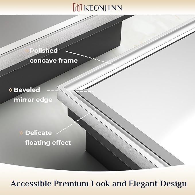 Keonjinn 21" x 27" Medicine Cabinet for Bathroom, Silver Recessed or Surface Wall-Mounted Aluminum Alloy Framed Beveled Mirror with Storage, Mirrored Cabinets with 2 Adjustable Shelves for Bath Modern
