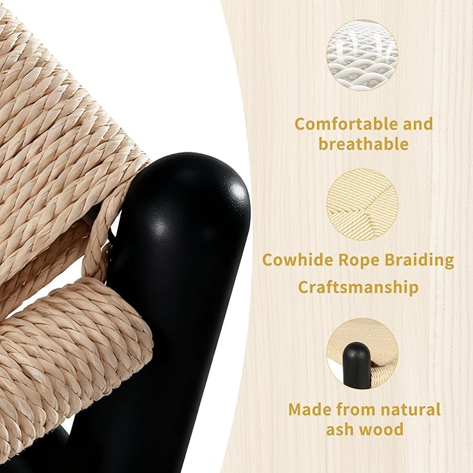 Wishbone Chair Natural Solid Wood Dining Chair/Hans Wegner Y Chair Rattan and Wood Accent Armrest Chairs - Ash Wood Chairs Set of 4 (Ash Wood - Black + Natural Color)
