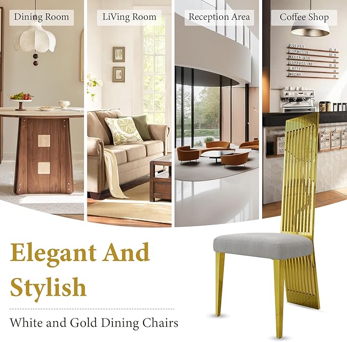 White and Gold Dining Chairs Set of 6, Luxury Dining Room Chairs with Mirror Polished Metal High Back and Legs, Modern Heavy duty Dining Chairs with Breathable Backrest for Living Room, Kitchen