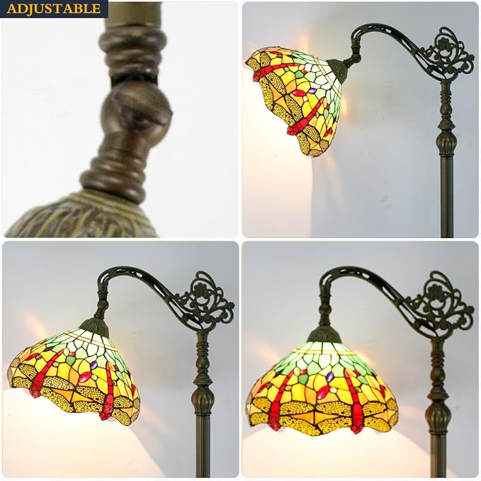 WERFACTORY Tiffany Floor Lamp Green Yellow Stained Glass Dragonfly Arch Lamp 12X18X64 Inch Gooseneck Adjustable Corner Standing Reading Light Decor Bedroom Living Room S009G Series