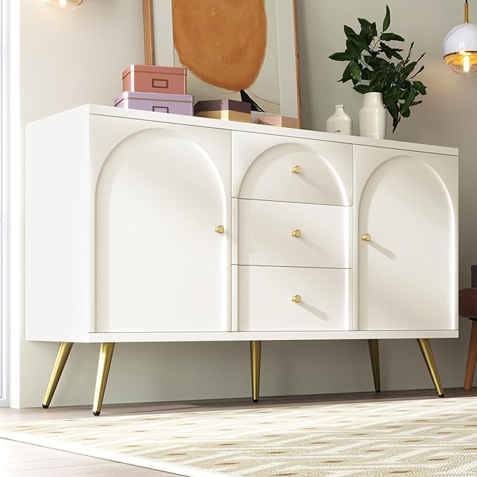 KEIKI 55'' Modern 2-Doors Buffet Sideboard Storage Cabinet with 3 Drawers & Metal Legs, Wood Entryway Console Table for Living Room, Hallway, Dining Room, White