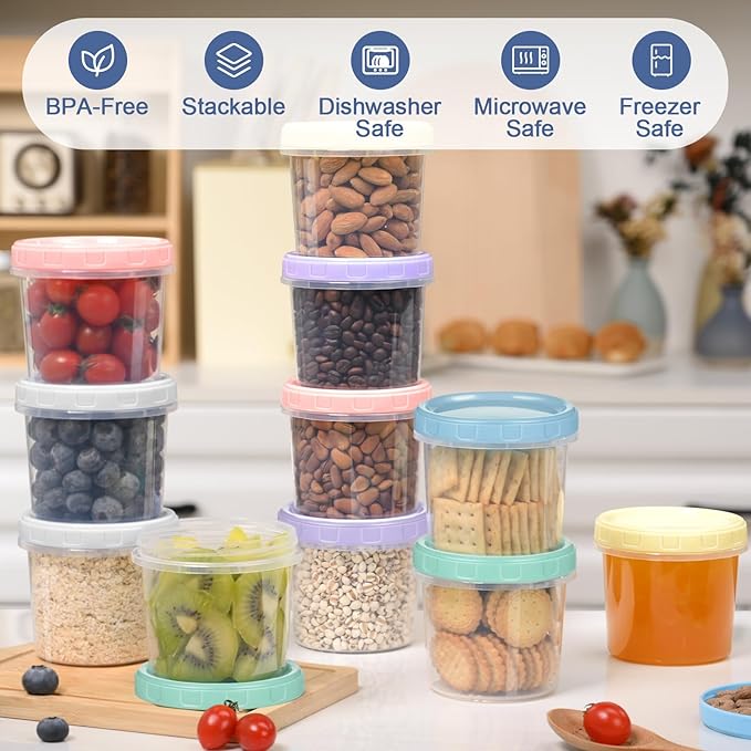 12pcs 10 oz Plastic Containers with Screw Lids, Reusable Clear Food Storage Containers with Pen and Brush for Snack Salad Fruit, Leakproof Small Freezer Container, Microwave & Dishwasher Safe
