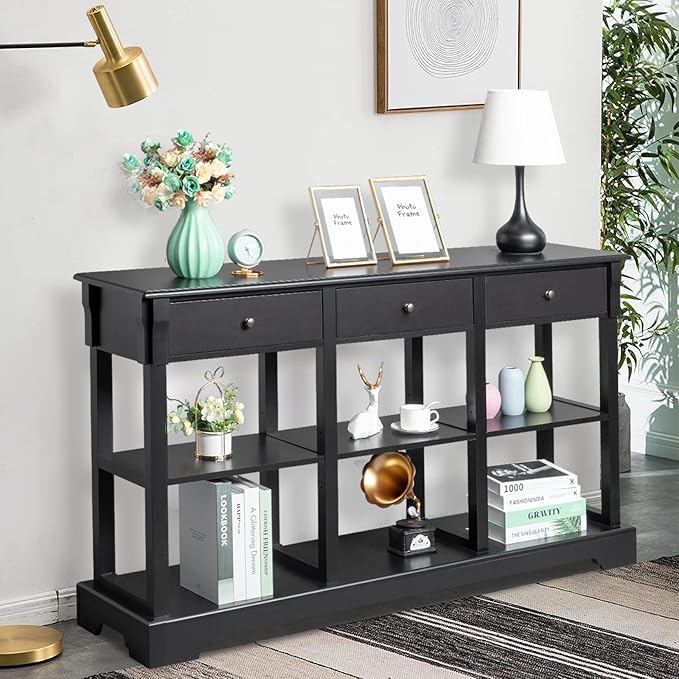 Karl home Console Table with 3 Drawers, 58" W Entryway Desk Sofa Side Table with 6 Bottom Cube Storage Shelves, Vintage TV Stand for Hallway Living Room Office, Black 32.5" H