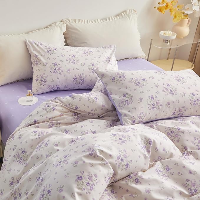 LifeTB Purple Floral Duvet Cover Twin XL Soft White 100% Cotton Chic Garden Floral Bedding Set Twin XL Aesthetic Girls Flower Comforter Cover Vintage Floral Botanical Duvet Cover with Zipper Closure