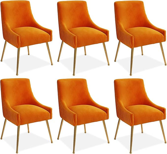 Dining Chairs, Accent Chairs Set of 6, Modern Upholstered Kitchen Dining Room Chairs with Gold Legs, Fabric Tufted Velvet Living Room Chairs for Reception Room Bedroom Guest Room (Orange)