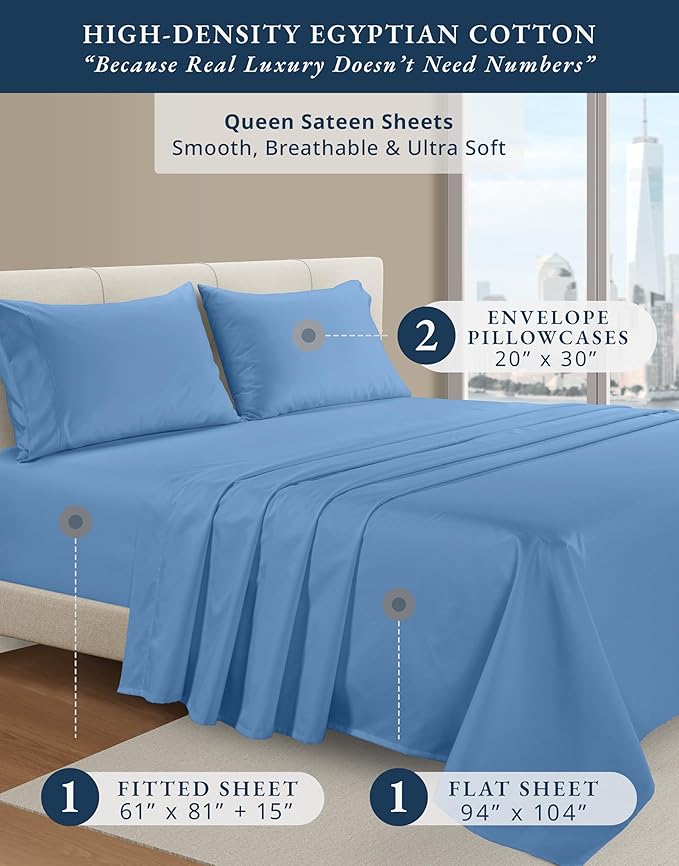 LANE LINEN 100% Egyptian Cotton Bed Sheets Queen Size, Long Staple Soft & Comfy Sateen Weave No Pill Fade Resistant Machine wash 15" Deep Pocket Queen Sheets - Blue Jasper