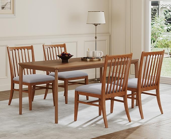 chairus Upholstered Dining Chairs Set of 6, Natural Wooden Barrel Kitchen Chairs with Slat Back Double-Layer Cushion Farmhouse Accent Chairs for Dining Room/Living Room/Restaurant, Chenille Grey