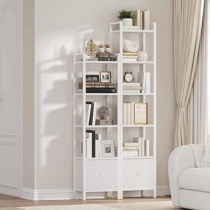 Bookshelf, 6-Tier Bookcase with Drawer, Small Book Shelf for Small Space, Storage Shelf Organizer, for Living Room, Bedroom, Study, Kitchen, White BKWT66101
