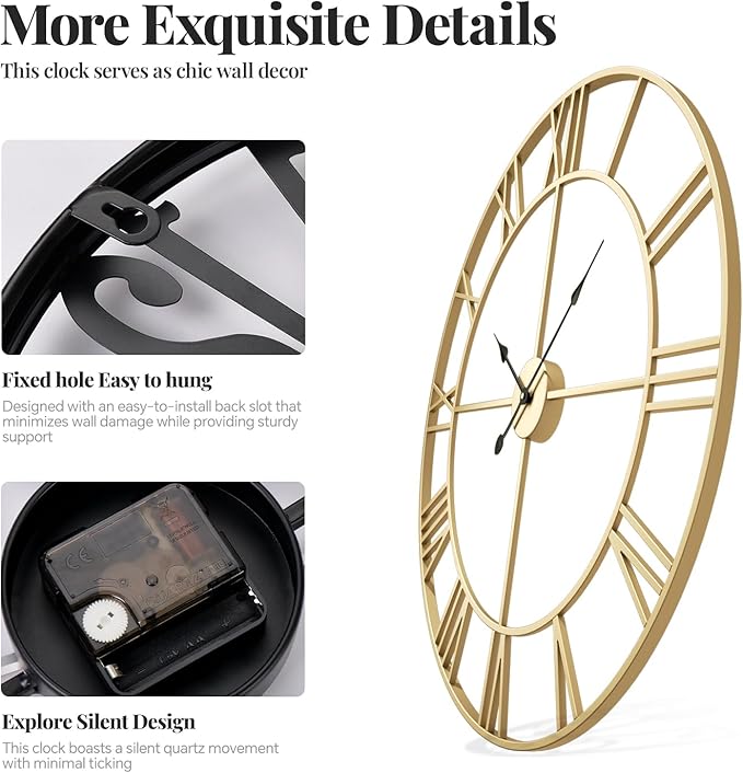Cuspin Large Wall Clock 36 Inch Gold Wall Clock Battery-Operated, Modern Metal Roman Numeral Decorative Clock for Living Room Decor, Dinning Room, Office, Kitchen, Mantel, Home Decor