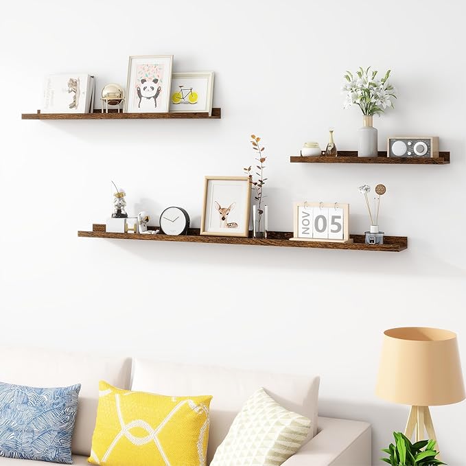 Picture Ledge Shelf, Wood Floating Shelves Set of 2, 36 inch Picture Ledge Shelves, Photo Ledge Nursery Book Shelves Wall Mounted for Living Room Kids' Room Bedroom, Color Brown