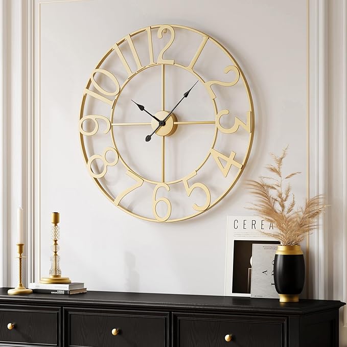 Cuspin 20 Inch Wall Clock Gold, Large Decorative Wall Clocks Battery-Operated, Modern Metal Round Clock Silent Non Ticking Arabic Numerals for Living Room Kitchen Mantel Office Decor
