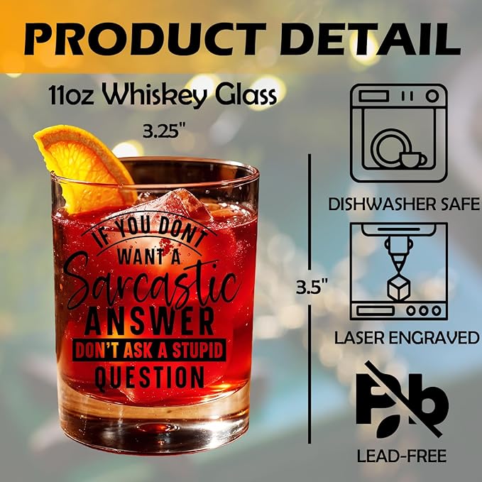 Funny Snarky Humour Gifts Old Fashioned Whiskey Glasses, Sarcastic Gifts for Men, 10 oz Rocks Barware Cup for Cocktail Drinks Scotch Bourbon Liquor
