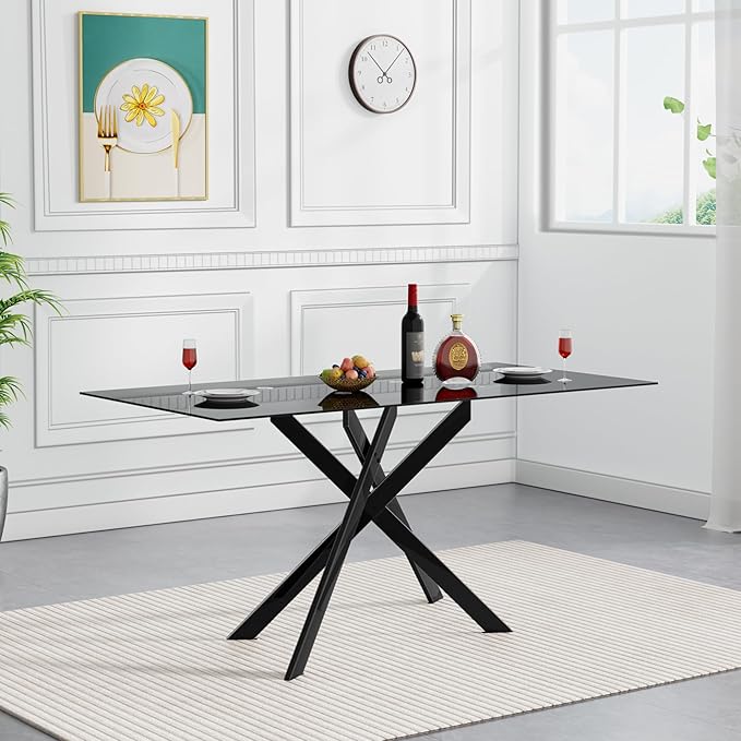 51" Rectangular Glass Dining Room Table for 4 with Tempered Glass Top and Black Metal Legs, Modern Black Kitchen and Dinner Table for Home Office Dining Room