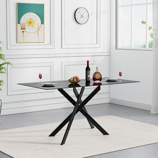 51" Rectangular Glass Dining Room Table for 4 with Tempered Glass Top and Black Metal Legs, Modern Black Kitchen and Dinner Table for Home Office Dining Room