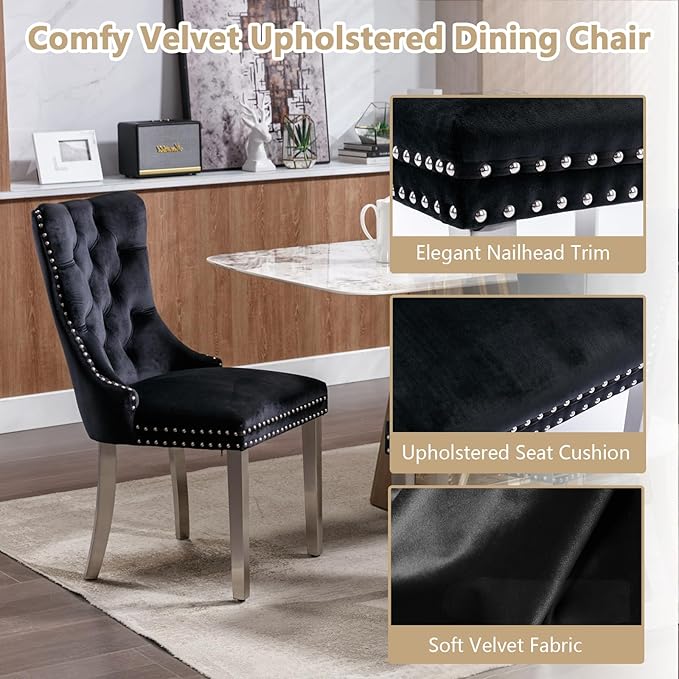 Goujxcy 3 Piece Round Glass Dining Table Set for 2, 36" Round Dining Table & Chair Set Modern Circle Glass Kitchen Table and 2 Velvet Upholstered Chairs for Kitchen Dining (Silver Table & Black Chair)