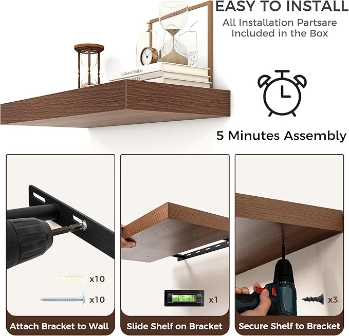 Floating Shelves for Wall, 36 Inch Wide x 12 Inch Deep Floating Shelves, Long Wood Floating Wall Shelf Shelves for Living Room Bathroom Bedroom Kitchen Home - (Walnut, 36" W x 12" D x 2" H)