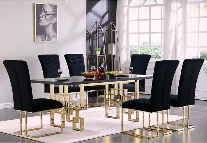 AUZ Dining Chairs Set of 4, Modern Luxury Black Velvet Upholstered Dining Chairs with High Back Design, Polished Gold Stainless Steel Sled Legs