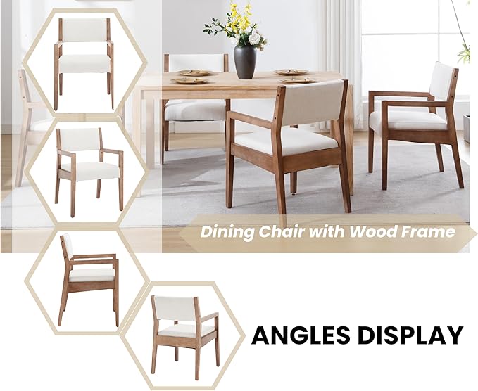 EALSON Upholstered Dining Chairs Set of 2 Mid Century Dining Room Arm Chairs with Hardwood Frame Modern Farmhouse Kitchen Side Chairs for Living Room, Beige Linen
