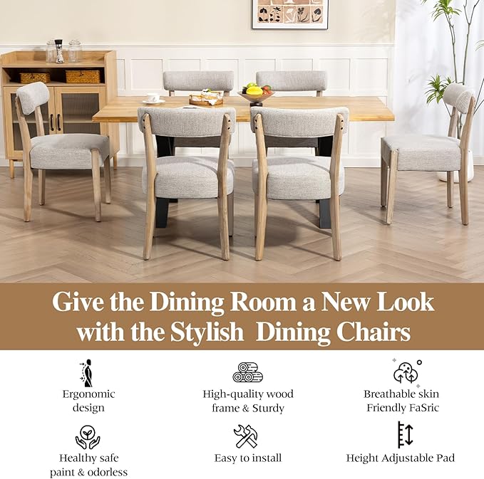 Dining Chairs Set of 4,Mid Century Modern Dining Chair Set - Linen Upholstered Low Back Kitchen & Dining Room Chairs with Woven Design,Oatmeal Fabric