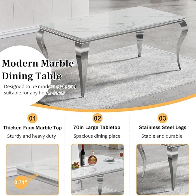 Goujxcy 70" Marble Dining Table Set for 6, Modern 7 Piece Dining Room Table Set with White Faux Marble Dining Table & 6 Black Velvet Upholstered Chairs, Luxury Silver Kitchen Table Chairs Set of 6