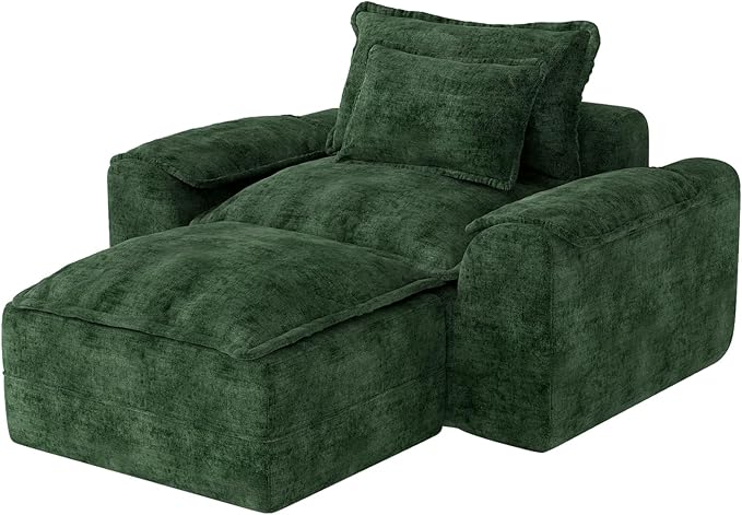 Hobestluk Cloud Single Sofa with Ottoman Memory Foam Couch with Deep Seat L Shaped Sofa with Removable Cover Large Couch for Living Room (Green, Single Sofa with One Ottoman)