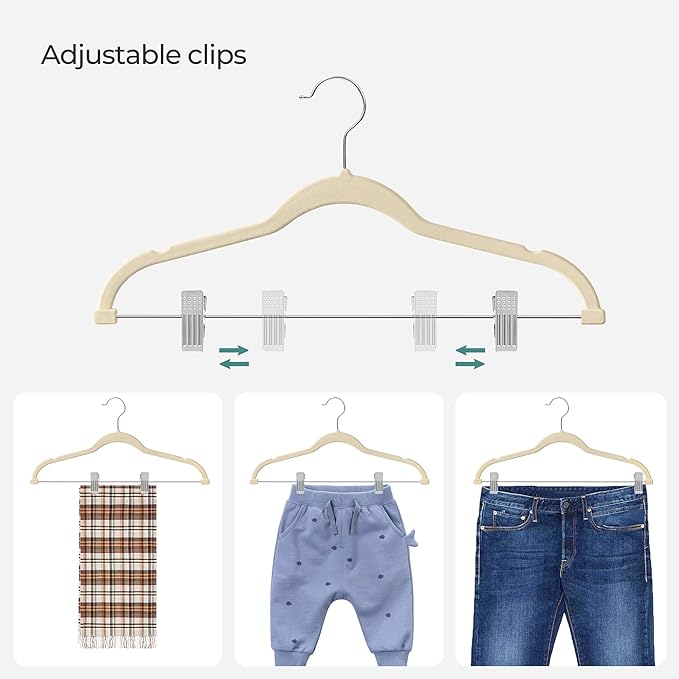 SONGMICS 30-Pack Pants Hangers, 16.7-Inch Long Velvet Hangers with Adjustable Clips, Heavy-Duty, Non-Slip Skirt Hangers, Space-Saving for Pants, Skirts, Coats, Dresses, Sandy Beige UCRF012M30