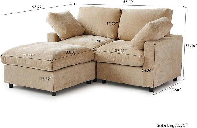 JACH 67" Love Seat Sectional Couches with Chaise Ottoman, Modern Convertible Modular Sofa, Cloud Sectional Couch, Sofa Covers Washable, Minimalist Couch for Living Room, Bedroom, Apartment, Khaki