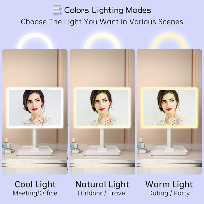 FUNTOUCH Rechargeable Makeup Vanity Mirror with Lights, Large Lighted Desk Makeup Mirror with 96 LED Lights and 10x Magnifying Mirror, 3 Color Lighting, Light up Make up Mirror with Phone Holder