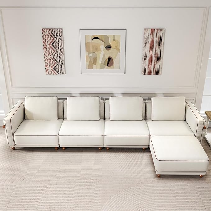 157.48" Modular Luxury Cloud Sectional Sofa with Ottoman, 70% Down-Filled Cushions, Removable Washable Ultra-Soft Linen Cover, Extra-Deep Seating, Solid Wood Armrests for Living Room