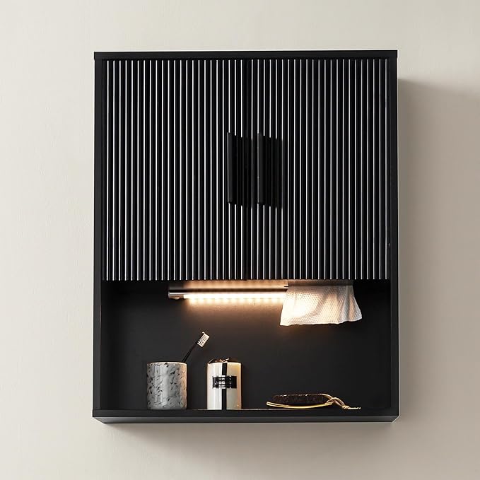 Fluted Bathroom Wall Cabinet with DIY LED Light, Wooden Medicine Cabinet with Tissue Hole, Monuted Wall Cabinet with DTC Hinge (Silent Buffering), Over Toilet Storage Cabinet Modern Black