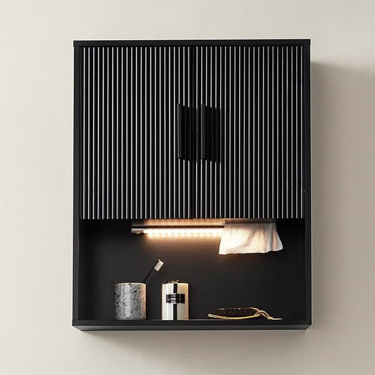 Fluted Bathroom Wall Cabinet with DIY LED Light, Wooden Medicine Cabinet with Tissue Hole, Monuted Wall Cabinet with DTC Hinge (Silent Buffering), Over Toilet Storage Cabinet Modern Black