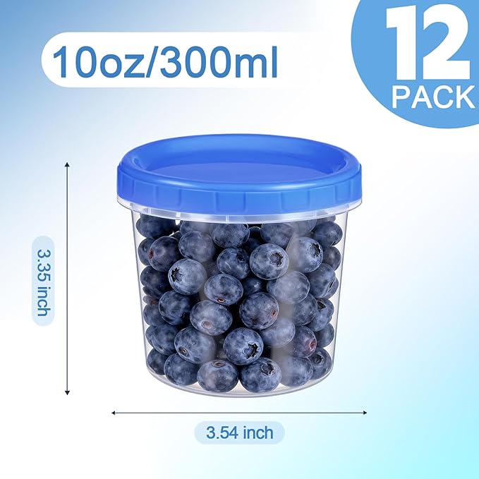 12 Pcs 10 oz Plastic Containers with Screw Lids, Reusable Clear Food Storage Containers with Pen and Brush for Snack Salad Fruit, Freezer Storage Containers, Microwave & Dishwasher Safe