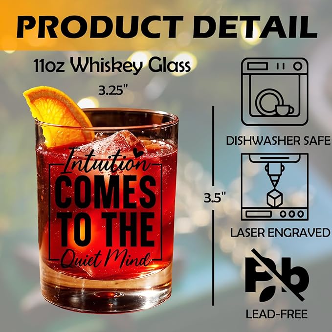 Inspirational Mindfulness Gifts Old Fashioned Whiskey Glasses, Meditation Yoga Lovers Gifts, Intuition Leads to the Quiet Mind 10 oz Rocks Barware Cup for Cocktail Drinks Scotch Bourbon Liquor