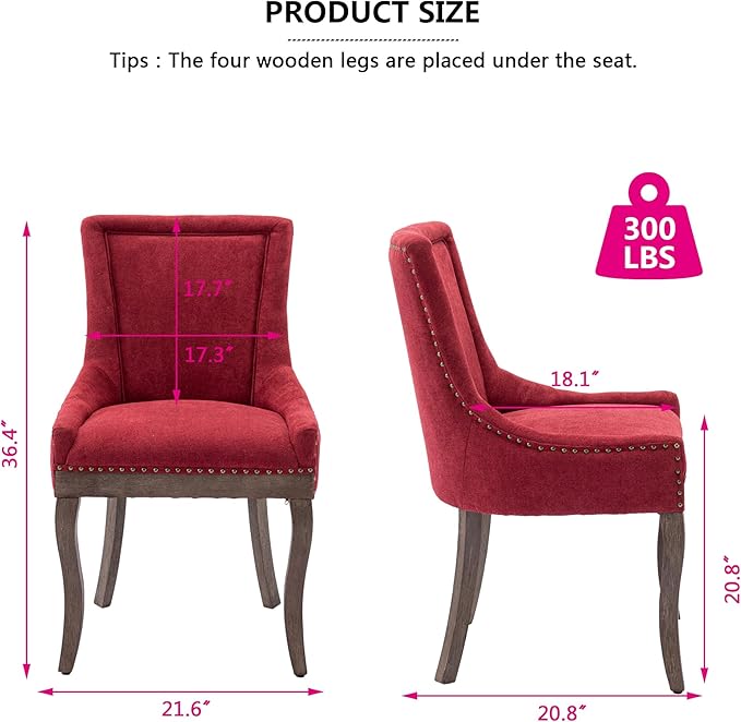Farmhouse Dining Chairs Set of 4, Upholstered Fabric Dining Room Accent Chairs with Wood Legs & Bronze Nailhead, High Wingback Kitchen Chairs for Living Room Hotel Apartment, Burgundy