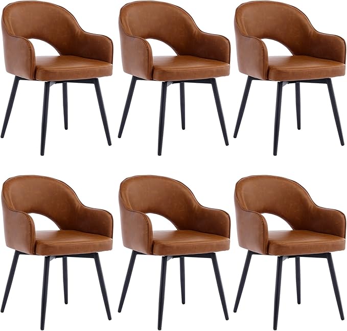 DUOMAY Swivel Dining Chair Set of 6 PU Leather Upholstered Side Chair Modern Accent Guest Chair Home Office Desk Chair for Dining Room Living Room Office, Brown