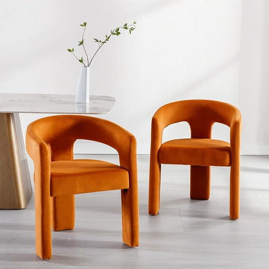 Set of 2 Modern Velvet Fabric Upholstered Dining Chairs with Open-Back, Cute Barrel Side Chairs Kitchen Armchair Accent Chairs for Dining Room Bedroom, Orange