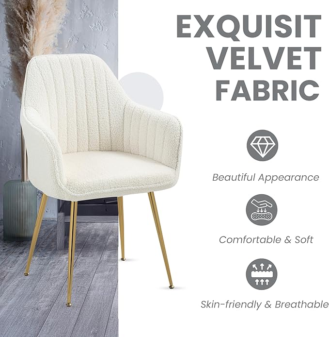 ECOTOUGE Modern Dining Chairs Set of 6, Upholstered Dining Room Chairs with Golden Metal Legs, Teddy Velvet Kitchen Chairs for Dining Table, Accent Chairs for Living Room, Cream White