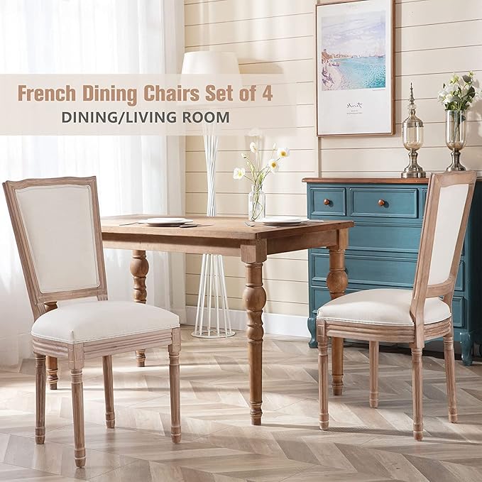Nrizc Farmhouse Dining Room Chairs Set of 4, French Dining Chairs with Square Back, Brown Wood Legs, French Bistro Chairs for Dining Room/Living Room/Kitchen/Restaurant, Beige