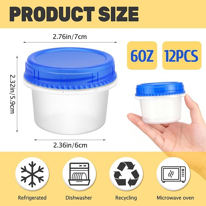 12 Pack Freezer Containers with Screw On Lids, 6 Oz Stackable Reusable Plastic Storage Container, Airtight Plastic Food Storage Containers with Twist Top Lids for Food Soup Jello Sauce