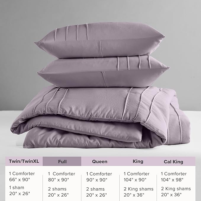 Comfort Spaces Purple Full Size Comforter Set - 3 Pieces Pintuck Pleated Bedding Sets, All Season Lightweight, Extra Softness Pre-Washed Microfiber Full Bed Set, Shams, Full
