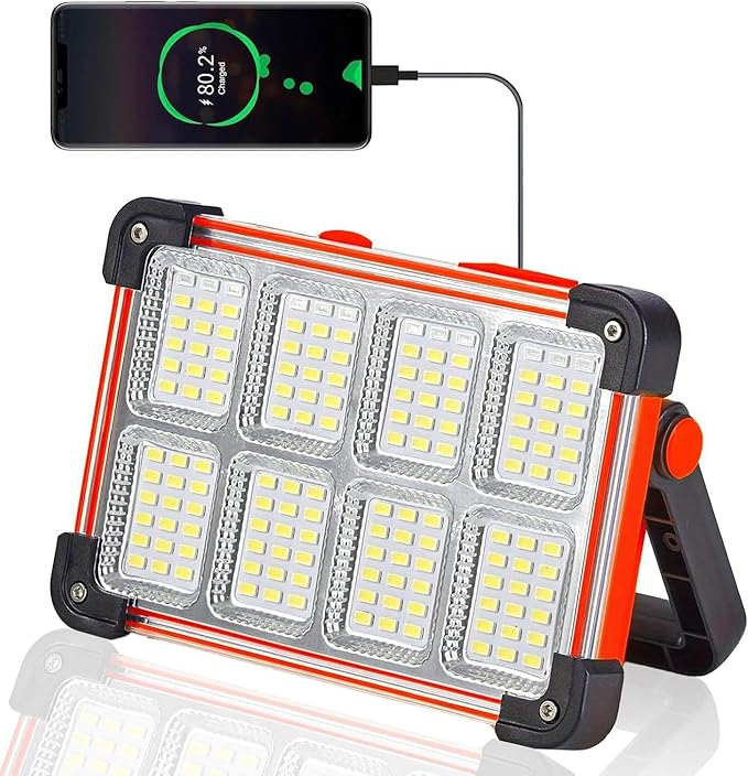120W LED Solar Work Light, 144 LED 10000LM Portable Flood Light with Stand, Red 4 Modes Rechargeable, IP65 Waterproof Outdoor Working Light for Camping, Fishing, Car Repair & Mechanics (1)