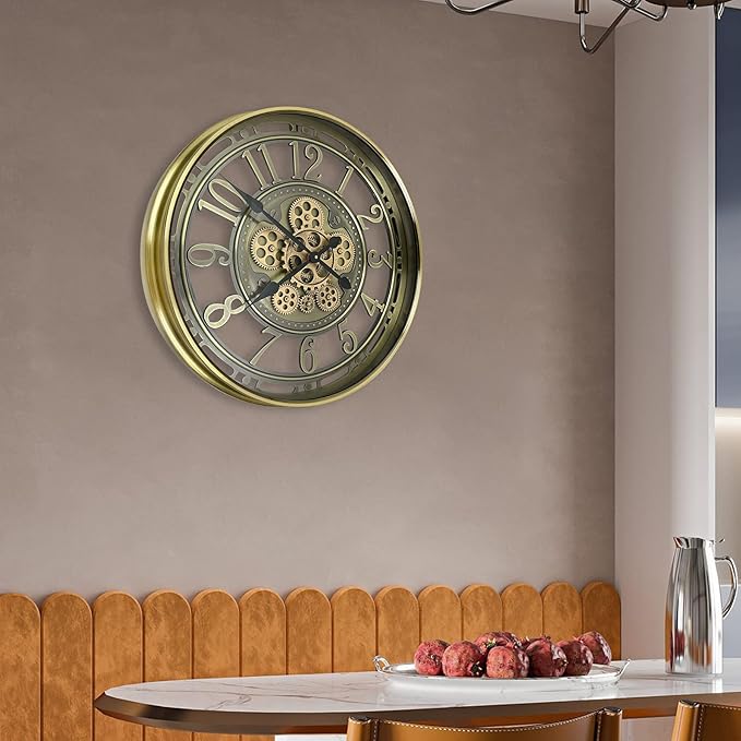 Real Moving Gears Wall Clock Large Modern Metal Clocks for Living Room Decor, Industrial Steampunk Unique Vintage Rustic Decorative Clock for Home Farmhouse Office, 21 Inch,Bronze Gold Arabic