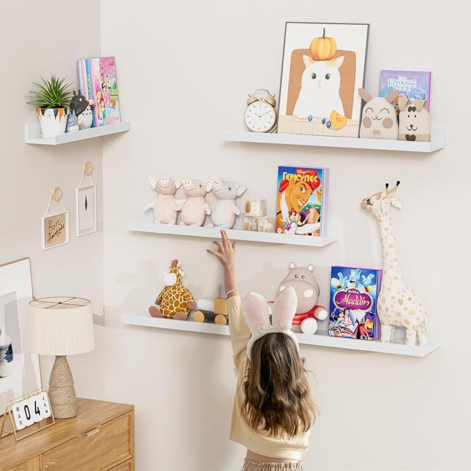 Heimlove Floating Shelves Set of 6, 16" Wall Mounted Picture Ledge, Display Shelf Organizer for Decor Storage, Wall Mounted Shelves for Living Room, Bedroom, Bathroom, Kitchen (White)