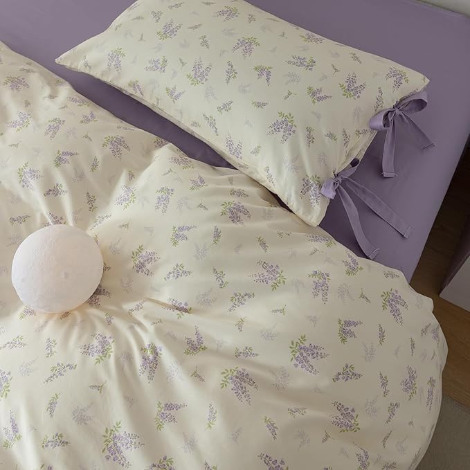 EAVD Garden Style Botanical Floral Comforter Set King White Fluffy Microfiber Chic Shabby Purple Floral Bedding Set 1 King Bed Comforter and 2 Pillowcases Fresh Botanical Comforter Set for All-Season