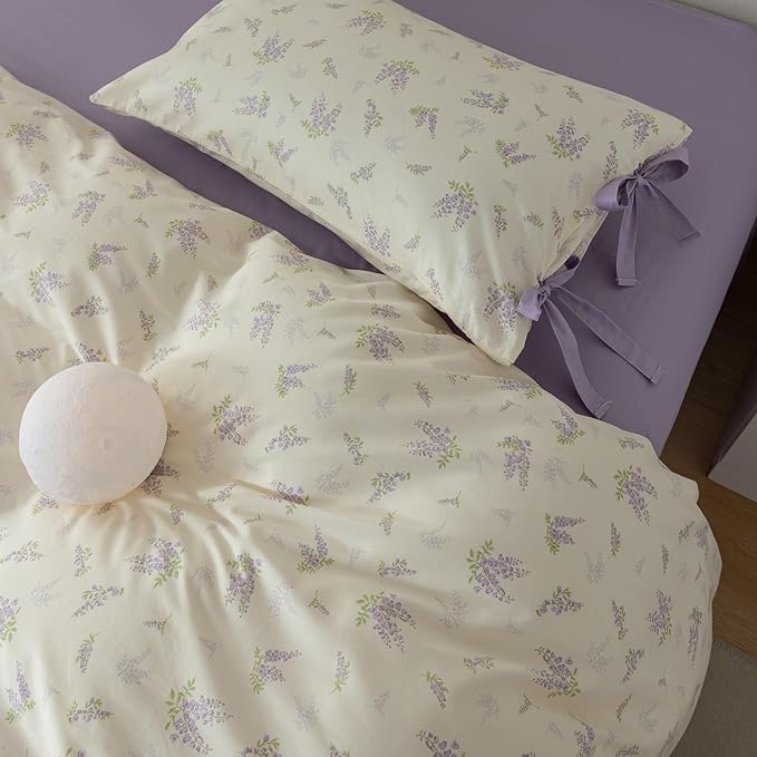 EAVD Garden Lavender Floral Comforter Set Queen White Fluffy Microfiber Chic Shabby Purple Floral Bedding Set 1 Queen Bed Comforter and 2 Pillowcases Fresh Botanical Comforter Set for All-Season