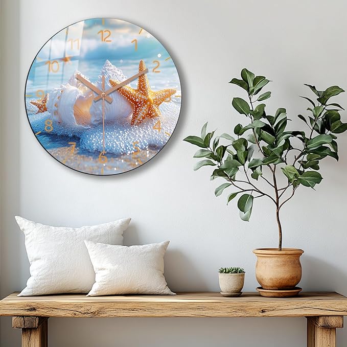 Beach Wall Clock Battery Operated 10 Inch Coastal Wooden Wall-Clock Non Ticking Analog Blue Wall Clocks for Bedroom, Office Decor