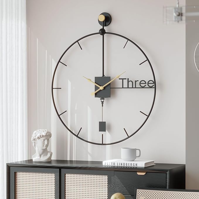 Cuspin Modern Large Wall Clock 24 inch with Pendulum, Battery Operated Silent Non-Ticking Metal Wall Clock for Living Room Decor, Decorative Hanging Clock for Bedroom, Office, Kitchen, Home