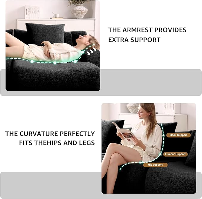 Black Modular Cloud Couch Loveseat with 1 Ottoman, Teddy Fabric Boneless Sectional Sofa in a Box, Comfortable Floor Sofa for Living Room, No Assembly Required, Sofas para Sala